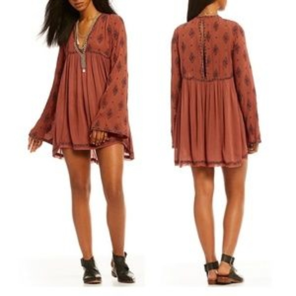 NWT Free People Rust Peasant Tunic with Printed Sleeves